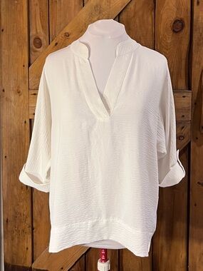Calvin Klein White Textured Roll-Tab Sleeve Blouse Large